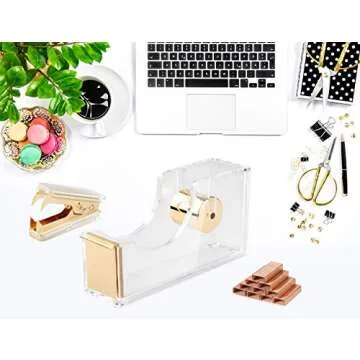 Gold Acrylic Stapler Set Desk Accessory & Decoration Kit for Gift, Clear Stapler with 1000 Pcs Staples and Staple Remover, Tape Dispenser, Gold Stapler Bundle Office Supplies Set