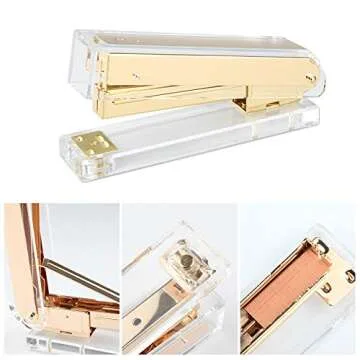 Gold Acrylic Stapler Set Desk Accessory & Decoration Kit for Gift, Clear Stapler with 1000 Pcs Staples and Staple Remover, Tape Dispenser, Gold Stapler Bundle Office Supplies Set