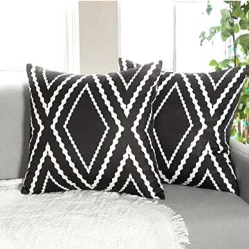 Adabana Outdoor Waterproof Boho Throw Pillow Covers Geometric Pillow Cases for Patio Garden Set of 2, 18 X 18 Inches Black