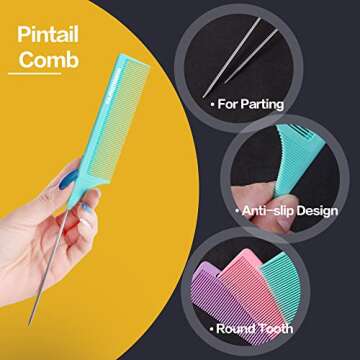 Goodofferplace 3 PCS Rat Tail Combs Parting Rattail Combs Teasing Fine Tooth Comb with Metal Pick for Curly Hair,Detangling Combs for Women,Parting Combs for Braiding,Styling Hair(Pink Purple Green)