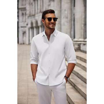 COOFANDY Men's Summer Lightweight Long Sleeve Button Down Stretch Dress Shirts Vacation Beach Untucked No Iron Shirts White