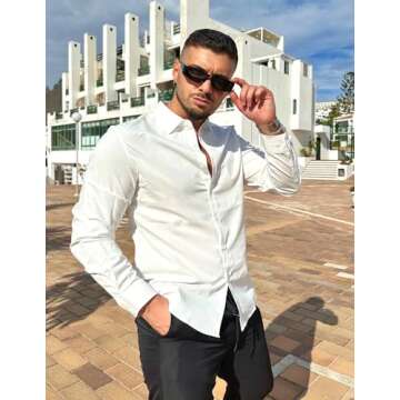 COOFANDY Men's Summer Lightweight Long Sleeve Button Down Stretch Dress Shirts Vacation Beach Untucked No Iron Shirts White