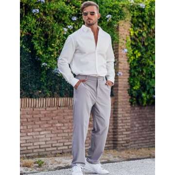 COOFANDY Men's Summer Lightweight Long Sleeve Button Down Stretch Dress Shirts Vacation Beach Untucked No Iron Shirts White