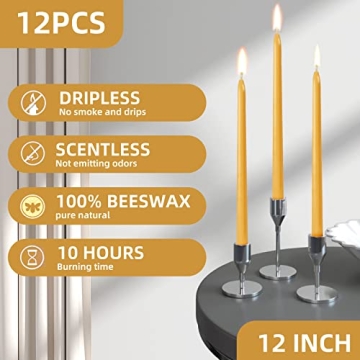 Elegant 12 Pack Beeswax Taper Candles - Eco-Friendly 10Hr Burn