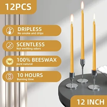 Elegant 12 Pack Beeswax Taper Candles - Eco-Friendly 10Hr Burn