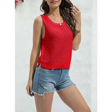 FISACE Womens Summer Knit Sweater Tank Tops Round Neck Crochet Hollow Out Sleeveless Casual Crop Shirt Red