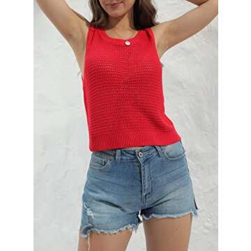 FISACE Womens Summer Knit Sweater Tank Tops Round Neck Crochet Hollow Out Sleeveless Casual Crop Shirt Red