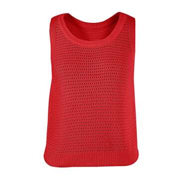 FISACE Womens Summer Knit Sweater Tank Tops Round Neck Crochet Hollow Out Sleeveless Casual Crop Shirt Red