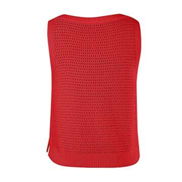 FISACE Womens Summer Knit Sweater Tank Tops Round Neck Crochet Hollow Out Sleeveless Casual Crop Shirt Red