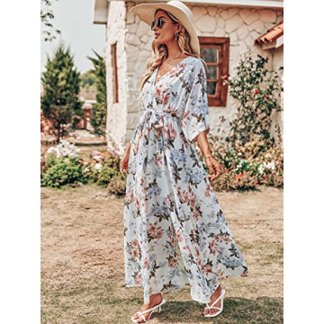 Boho Flowy Wrap V Neck Floral Maxi Dress for Weddings