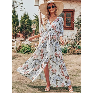 Boho Flowy Wrap V Neck Floral Maxi Dress for Weddings