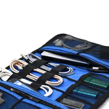 patu Roll Up Electronics Accessories Travel Gear Organizer Case, Portable Universal External Batteries Hard Drives Cables Cosmetics Kit Bag, Navy