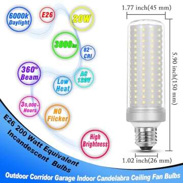 1.77*5.90inch Big E26 LED Bulbs 20W LED Corn Light Bulbs 200 Watt Equivalent 3000 Lumen 6000K Daylight White for Outdoor Home attic Corridor Garage Warehouse Candelabra Ceiling Fan LED Bulbs, 2 Pack