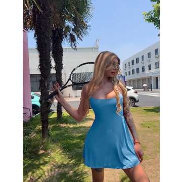 XXTAXN Women's Summer Casual Tennis Workout Spaghetti Strap Backless Mini Dress with Shorts Blue