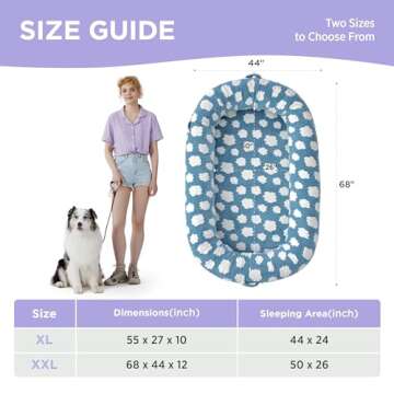 Lesure Human Dog Bed for Adult - Calming Human Size Dog Bed with Egg Foam Supportive Mat and Storage Pocket, Cute Modern Pet Beds with Jacquard Shaggy Plush & Anti Slip Bottom 68x44x12, Blue