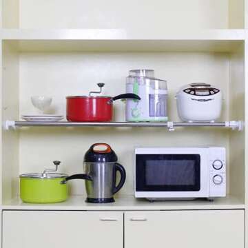 BAOYOUNI Tension Rod Shelf Expandable Closet Organizer Heavy Duty Adjustable Clothes Hanger Rack DIY Space Saver Layered Separator Divider 27.17''-36.02'', Ivory