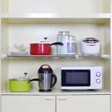 BAOYOUNI Tension Rod Shelf Expandable Closet Organizer Heavy Duty Adjustable Clothes Hanger Rack DIY Space Saver Layered Separator Divider 27.17''-36.02'', Ivory