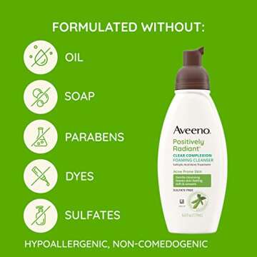 Aveeno Clear Complexion Foaming Oil-Free Facial Cleanser with Soy Extract & 0.5% Salicylic Acid, Acne Treatment Face Wash for Acne-Prone Skin, Sulfate-Free & Hypoallergenic, 6 fl. oz