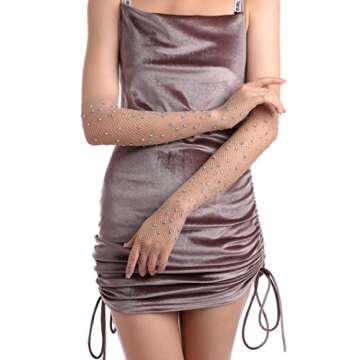 Women Rhinestone Fishnet Long Gloves Mesh Sparkly Glitter Fashion Opera Gloves For Party Halloween Costumes Accessories Nude