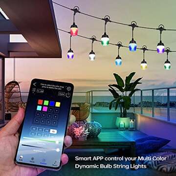 GIDEALED Outdoor String Lights,Bluetooth Smart APP Control and Remote Control RGB Patio Lights Color Changing,Sync Music,IP65 Waterproof with 12 Dimmable LED Bulbs for Festival,Garden,Party