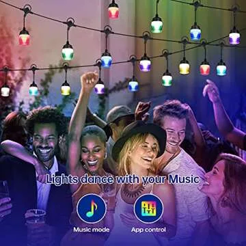 GIDEALED Outdoor String Lights,Bluetooth Smart APP Control and Remote Control RGB Patio Lights Color Changing,Sync Music,IP65 Waterproof with 12 Dimmable LED Bulbs for Festival,Garden,Party