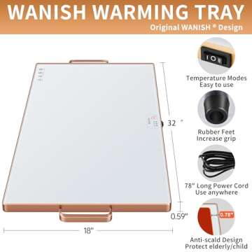 Electric Warming Tray for Food（XXL 32”x18”），Warming Mat for Food for Countertop，Counter Warming Mat for Food for buffets Party ，Tempmaster Adjustable，Thermostat and Full Surface Heating，White