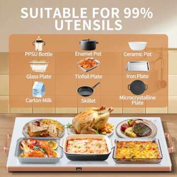 Electric Warming Tray for Food（XXL 32”x18”），Warming Mat for Food for Countertop，Counter Warming Mat for Food for buffets Party ，Tempmaster Adjustable，Thermostat and Full Surface Heating，White