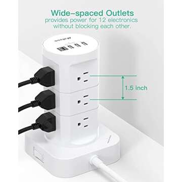 Surge Protector Power Strip Tower - 12 Widely Outlets with 4 USB Ports (1 USB C), 6FT Heavy Duty Extension Cord, Flat Multi Plug Outlet Extender Overload Protection for Home Office