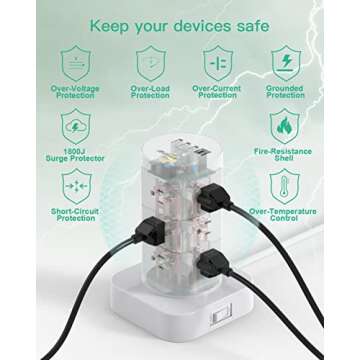 Surge Protector Power Strip Tower - 12 Widely Outlets with 4 USB Ports (1 USB C), 6FT Heavy Duty Extension Cord, Flat Multi Plug Outlet Extender Overload Protection for Home Office