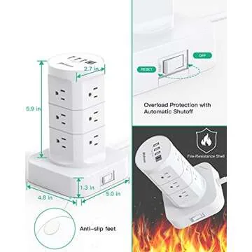 Compact Surge Protector Power Strip Tower with USB Ports