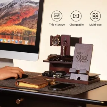 ProCase Gifts for Dad, Dad Christmas Gifts Wood Phone Docking Station for Men, Nightstand Organizer Christmas Gifts for Dad, Anniversary Birthday Gifts for Father Husband -Espresso (Engraved Word)