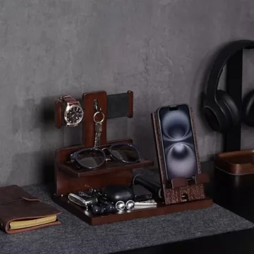 ProCase Gifts for Dad, Dad Christmas Gifts Wood Phone Docking Station for Men, Nightstand Organizer Christmas Gifts for Dad, Anniversary Birthday Gifts for Father Husband -Espresso (Engraved Word)