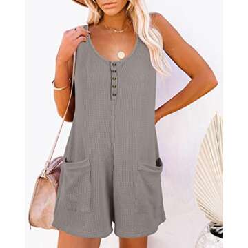 Caramitty Rompers for Women Button Down Summer Waffle Knit Sleeveless Loose Jumpsuits Spaghetti Strap Short Pants Outfit
