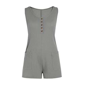 Caramitty Rompers for Women Button Down Summer Waffle Knit Sleeveless Loose Jumpsuits Spaghetti Strap Short Pants Outfit