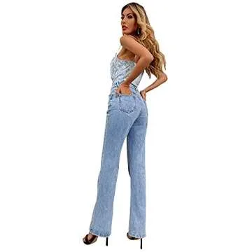 Women Patchwork Jeans High Waisted Straight Leg Stretch Denim Pants Girls Fashion Color Block Patch Jeans