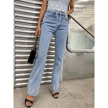 Women Patchwork Jeans High Waisted Straight Leg Stretch Denim Pants Girls Fashion Color Block Patch Jeans
