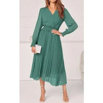 PRETTYGARDEN Womens 2024 Long Sleeve Smocked Midi Dress