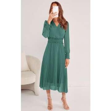 PRETTYGARDEN Womens 2024 Long Sleeve Smocked Midi Dress