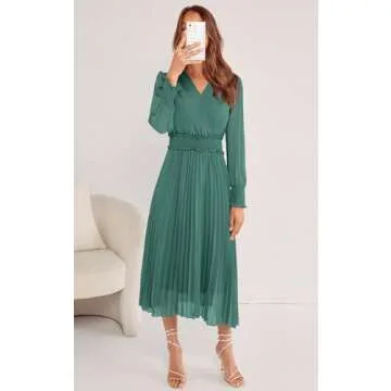 PRETTYGARDEN Womens 2024 Long Sleeve Smocked Midi Dress