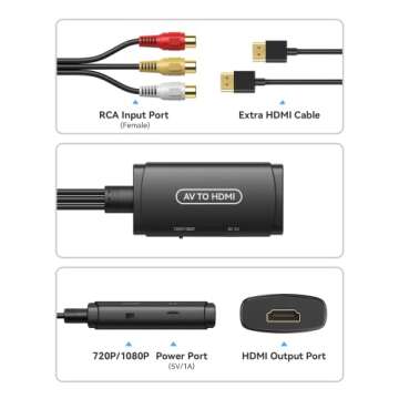 ABLEWE RCA to HDMI Converter, AV to HDMI Adapter, Composite to HDMI Adapter Support 1080P, PAL/NTSC Compatible with WII WII U/PS one PS2/PS3 STB Xbox VHS VCR Blue-Ray DVD ect.