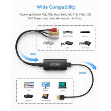 ABLEWE RCA to HDMI Converter, AV to HDMI Adapter, Composite to HDMI Adapter Support 1080P, PAL/NTSC Compatible with WII WII U/PS one PS2/PS3 STB Xbox VHS VCR Blue-Ray DVD ect.
