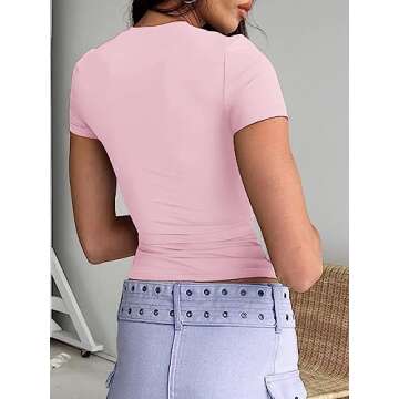 Abardsion Women's Casual Basic Going Out Crop Tops Slim Fit Short Sleeve Crew Neck Tight T Shirts (L...