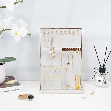 KAMIER Jewelry Organizer Stand Holder - 4 Tier Cute Necklace Holder Stand Rack with 10 Hooks - Aesthetic Jewelry Storage Rack Tree for Teen Girl Room Decor -White