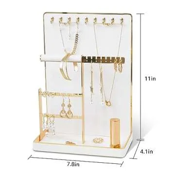 KAMIER Jewelry Organizer Stand Holder - 4 Tier Cute Necklace Holder Stand Rack with 10 Hooks - Aesthetic Jewelry Storage Rack Tree for Teen Girl Room Decor -White