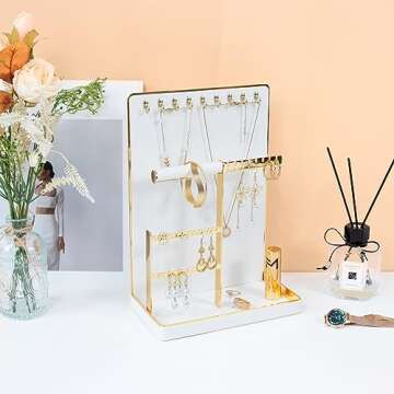 KAMIER Jewelry Organizer Stand Holder - 4 Tier Cute Necklace Holder Stand Rack with 10 Hooks - Aesthetic Jewelry Storage Rack Tree for Teen Girl Room Decor -White