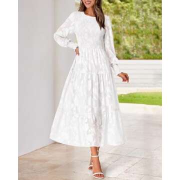BTFBM Casual Women's 2025 Fall Dresses Elegant Wedding Guest Dress Long Sleeve Floral Midi Dress Flowy Bohemian Long Dress(White,Large)