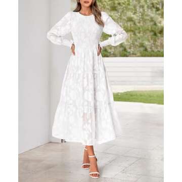 BTFBM Casual Women's 2025 Fall Dresses Elegant Wedding Guest Dress Long Sleeve Floral Midi Dress Flowy Bohemian Long Dress(White,Large)