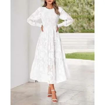 BTFBM Casual Women's 2025 Fall Dresses Elegant Wedding Guest Dress Long Sleeve Floral Midi Dress Flowy Bohemian Long Dress(White,Large)