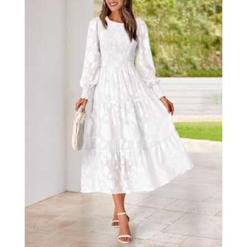 BTFBM Casual Women's 2025 Fall Dresses Elegant Wedding Guest Dress Long Sleeve Floral Midi Dress Flowy Bohemian Long Dress(White,Large)