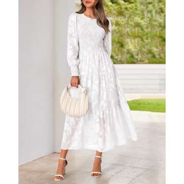 BTFBM Casual Women's 2025 Fall Dresses Elegant Wedding Guest Dress Long Sleeve Floral Midi Dress Flowy Bohemian Long Dress(White,Large)